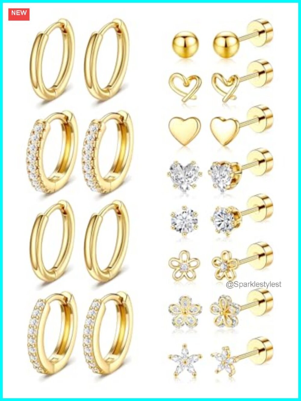 14k Gold Plated Hypoallergenic Stud & Hoop Earring Set, Surgical Steel Flat Back